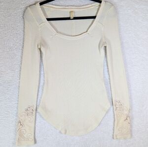 Free People Cream Scoop Neck Thermal Top with Embroidered Cuffs